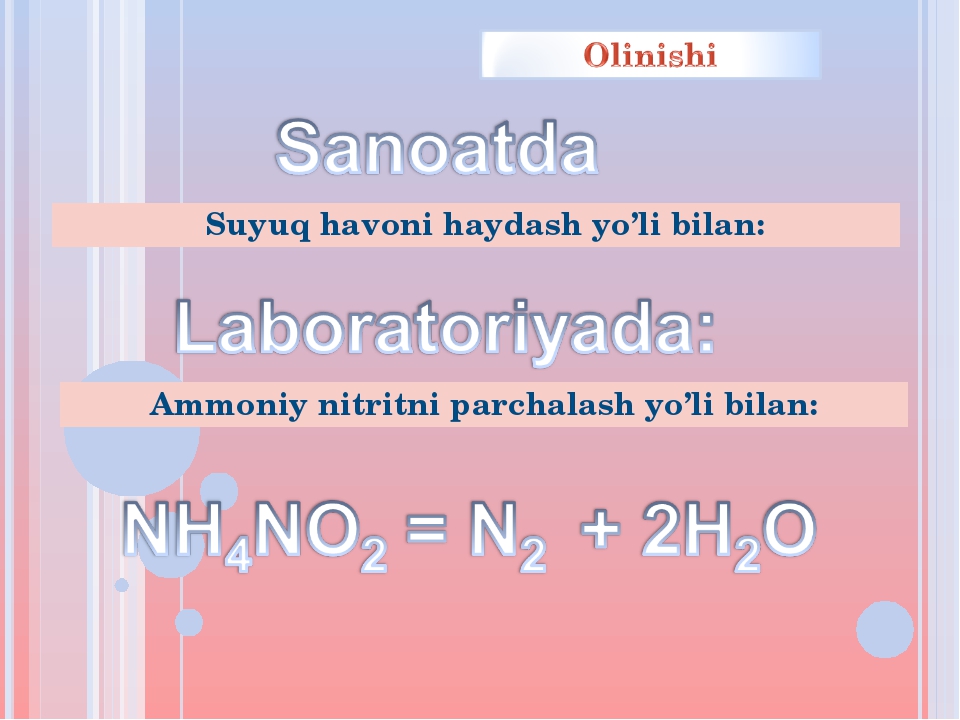 Suyuq havoni haydash yo’li bilan: Ammoniy nitritni parchalash yo’li bilan: Suyuq havoni haydash yo’li bilan: Ammoniy nitritni parchalash yo’li bilan: