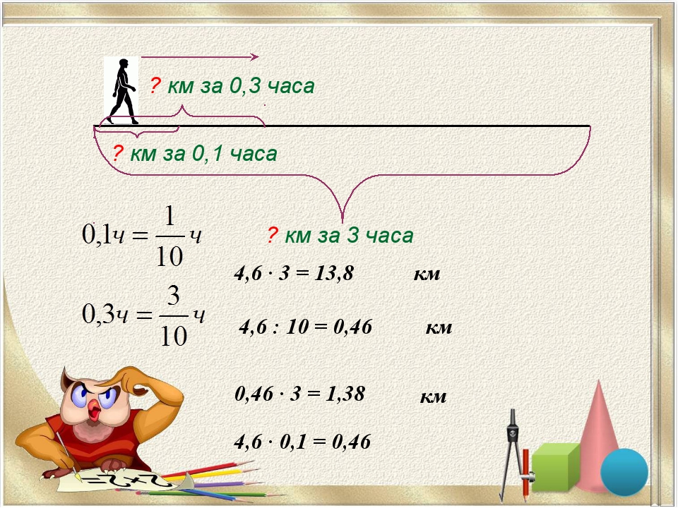 4,6 · 3 = 13,8 ? км за 3 часа ? км за 0,1 часа ? км за 0,3 часа км 4,6 : 10 =... 4,6 · 3 = 13,8 ? км за 3 часа ? км за 0,1 часа ? км за 0,3 часа км 4,6 : 10 =...
