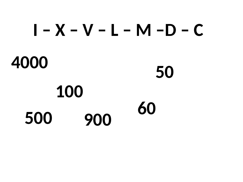 4000 900 50 60 500 I – X – V – L – M –D – C 100 4000 900 50 60 500 I – X – V – L – M –D – C 100