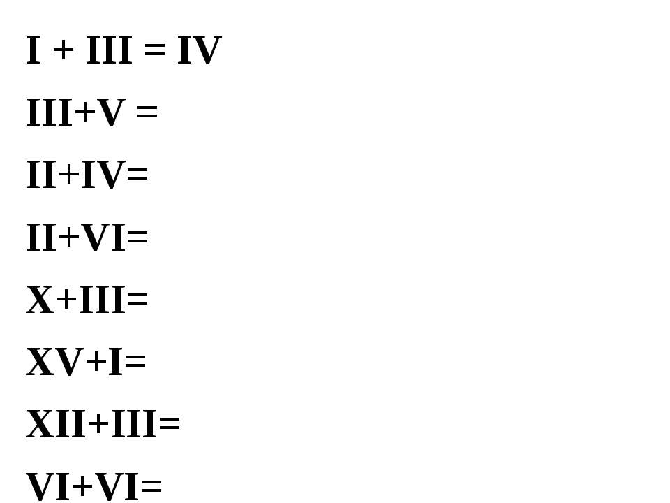 I + III = IV III+V = II+IV= II+VI= X+III= XV+I= XII+III= VI+VI= I + III = IV III+V = II+IV= II+VI= X+III= XV+I= XII+III= VI+VI=