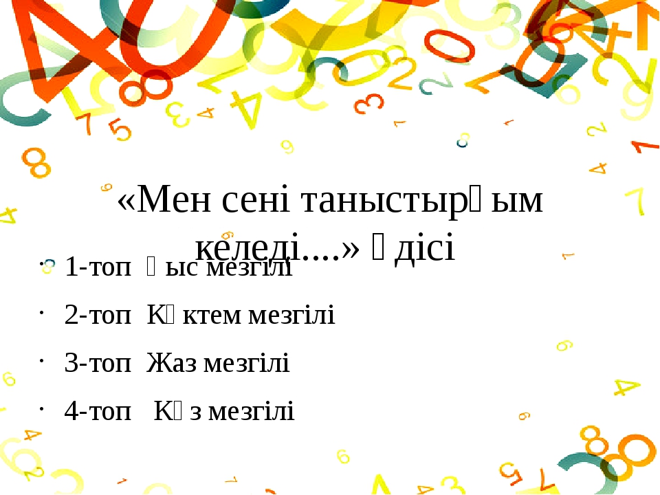 «Мен сені таныстырғым келеді....» әдісі 1-топ Қыс мезгілі 2-топ Көктем мезгіл... «Мен сені таныстырғым келеді....» әдісі 1-топ Қыс мезгілі 2-топ Көктем мезгіл...