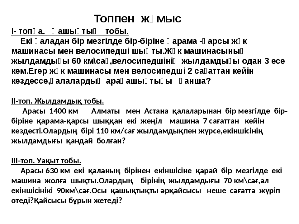 Топпен жұмыс І- топқа. Қашықтық тобы. Екі қаладан бір мезгілде бір-біріне қа... Топпен жұмыс І- топқа. Қашықтық тобы. Екі қаладан бір мезгілде бір-біріне қа...