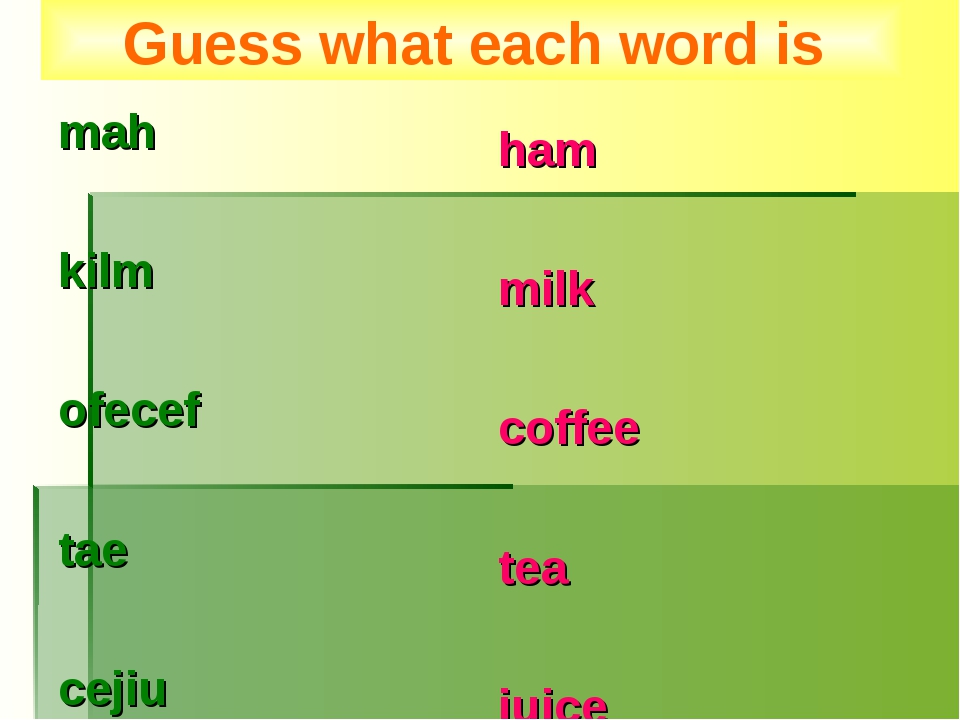 mah kilm ofecef tae cejiu ham milk coffee tea juice Guess what each word is mah kilm ofecef tae cejiu ham milk coffee tea juice Guess what each word is