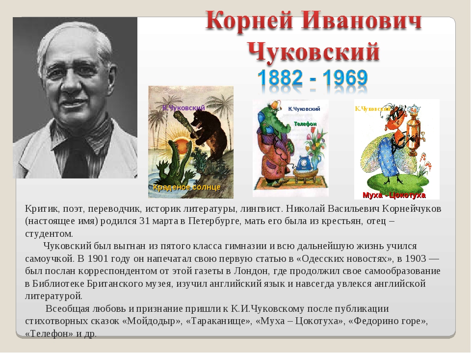 1 рассказ который писатель. Рассказ о Корнее Ивановиче Чуковском 2 класс. Про Корнея Чуковского для детей 2. Творчество Корнея Ивановича Чуковского.