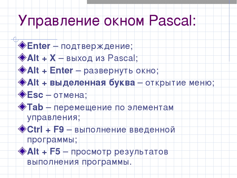 Горячие клавиши Паскаль. Диалог по информатике на языке Паскаль. Тест pascal